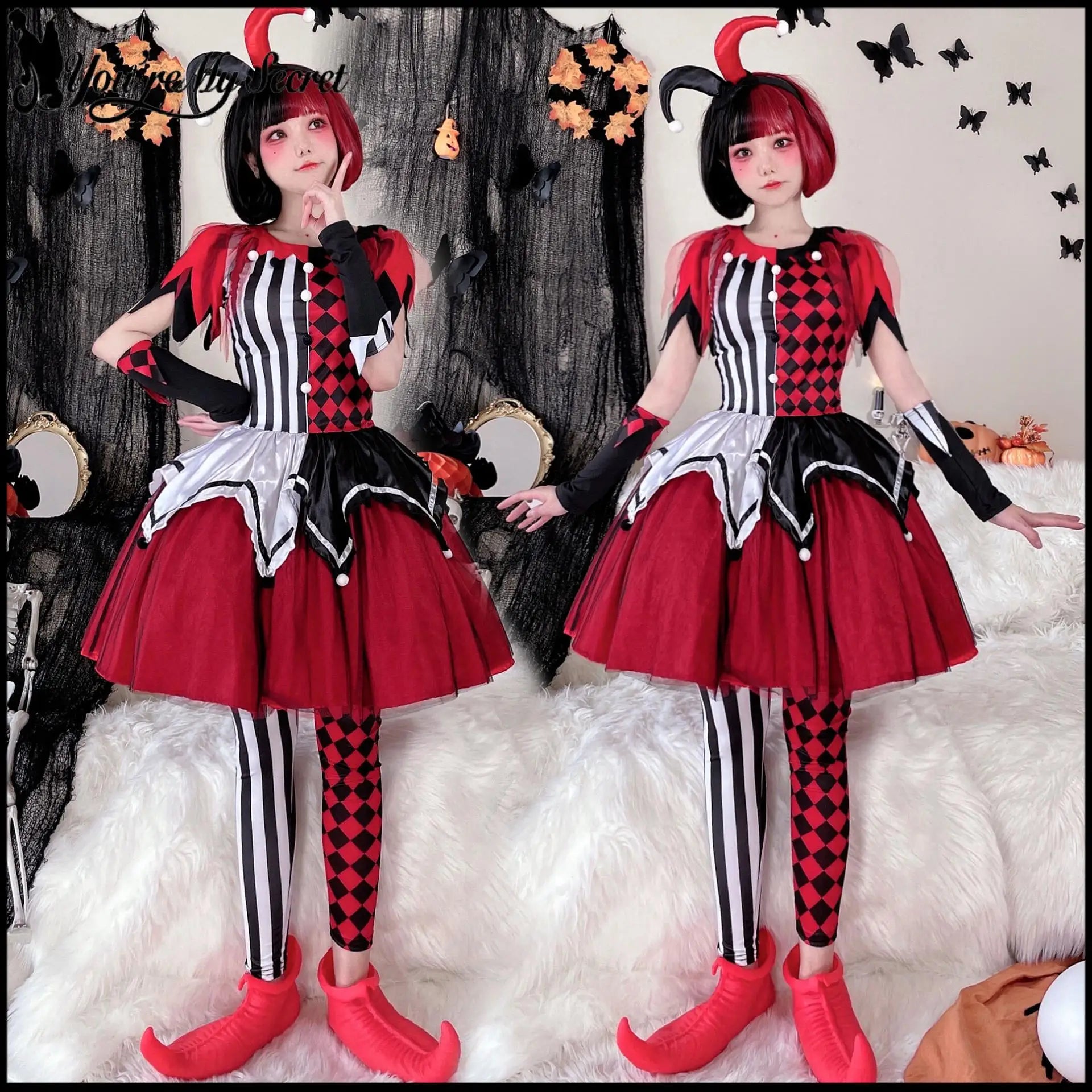 Halloween Clown Lolita Suit Women's Clown Costume Patchwork Striped Dress with Headgear - Suit 01 / XL