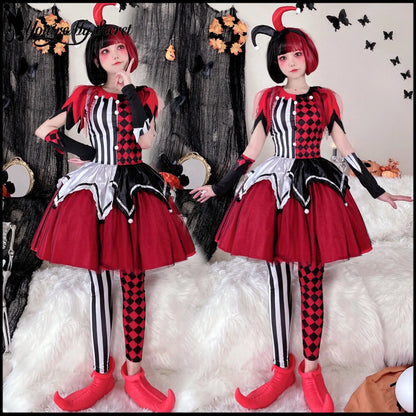 Halloween Clown Lolita Suit Women's Clown Costume Patchwork Striped Dress with Headgear - Suit 01 / XL