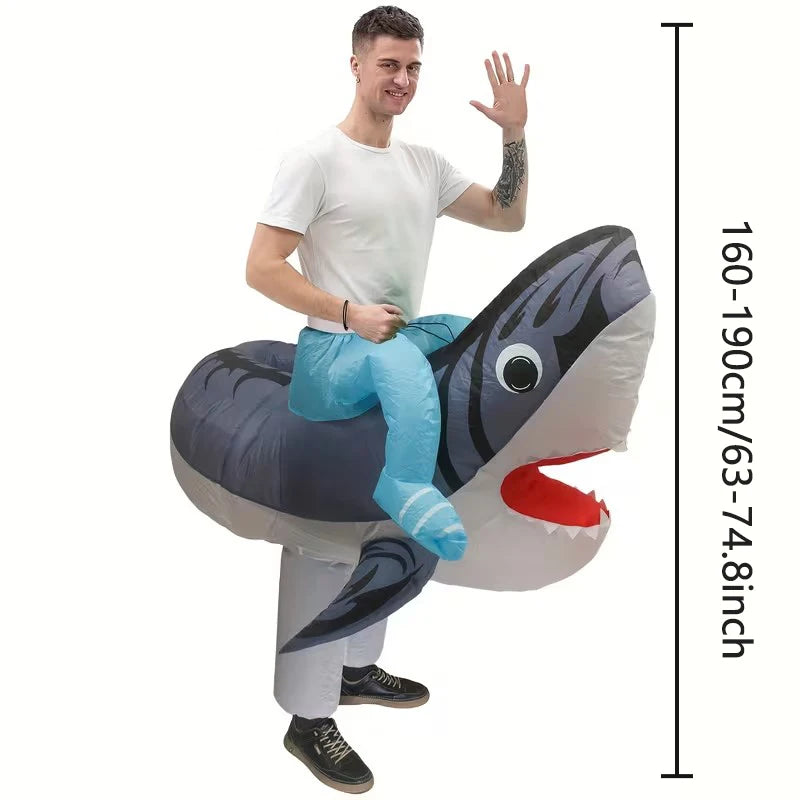 Inflatable Ride of Shark Costume for Adult Blow Up Green Riding A Shark Cosplay Costume Funny Halloween Party Carnival Suit