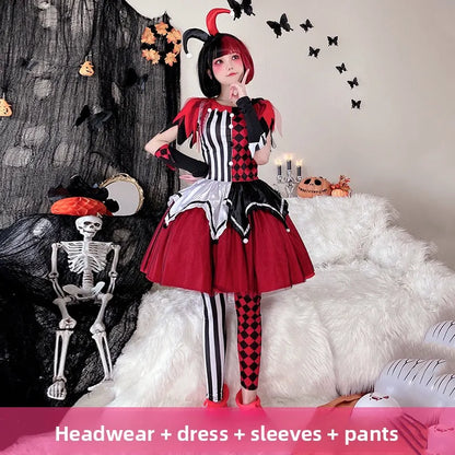 Halloween Clown Lolita Suit Women's Clown Costume Patchwork Striped Dress with Headgear - View 7