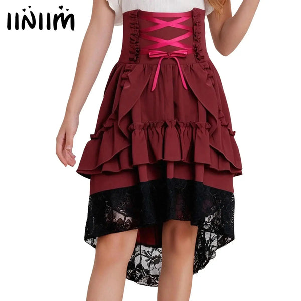 Girls Medieval Skirt Cosplay Costume Halloween Outfit Tiered Ruffle Skirt Ruched Flounce Lace Skirt Victorian - product image 1