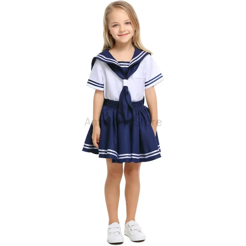 Halloween Kids Sailor Costume Dress Anime Japanese School Uniform Shirt Skirt Bow Tie - PS9113girl / 90-105