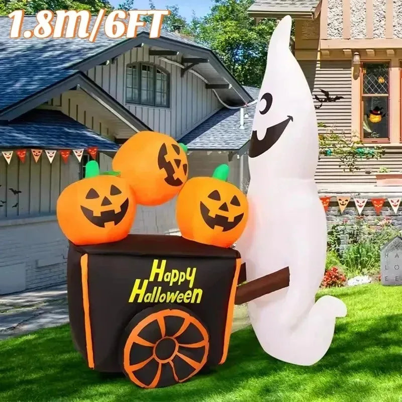 6FT Halloween Outdoor Holiday Decorations Inflatable Toys Ghost Push Pumpkin Cart with LED Lights Outdoor Party Inflatable Model
