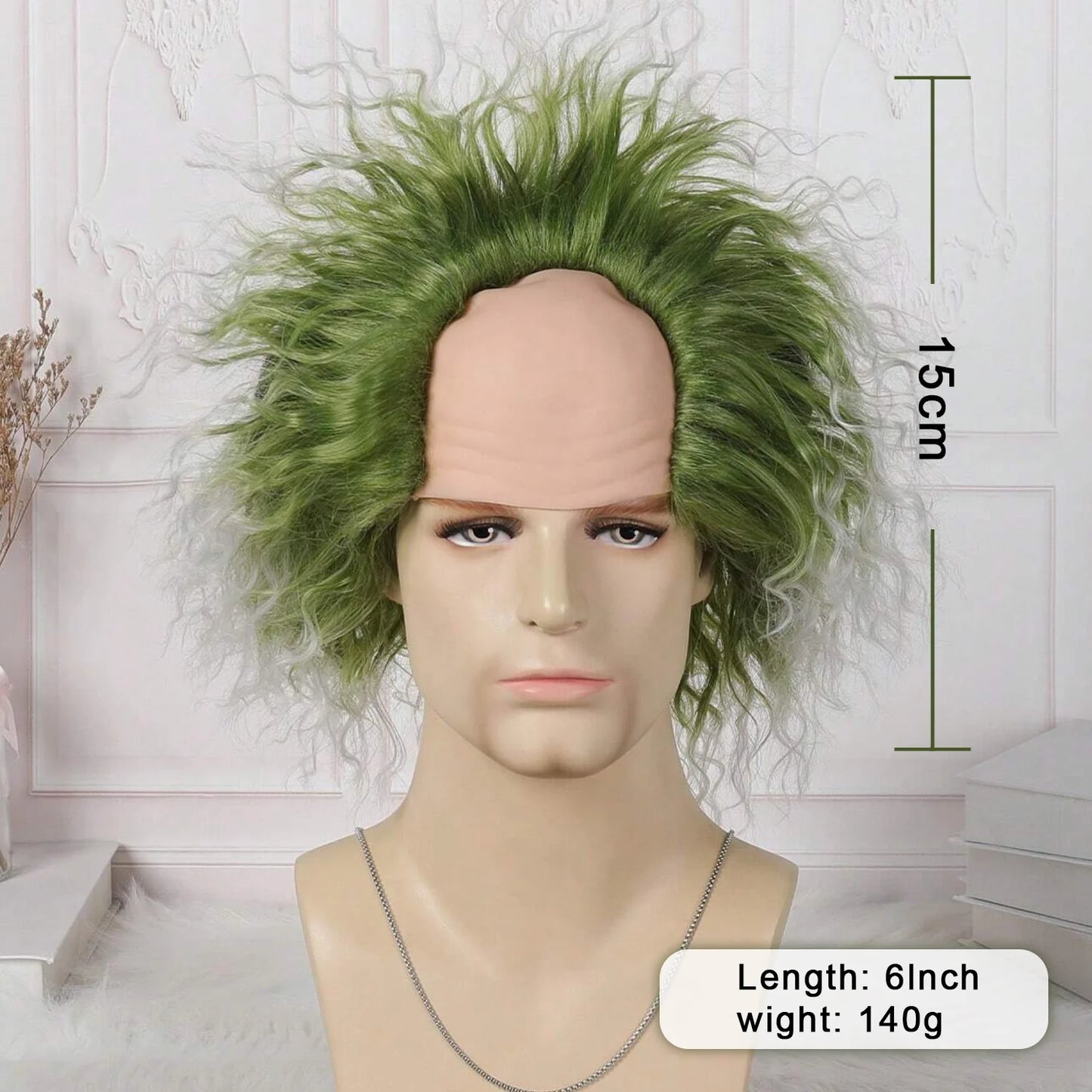 Green Wig With Bald Cap Clown Short Curly Wig Green Fluffy Wavy Wig Party Cosplay Wigs Halloween Wig  Men, 6 Inch Synthetic Wigs