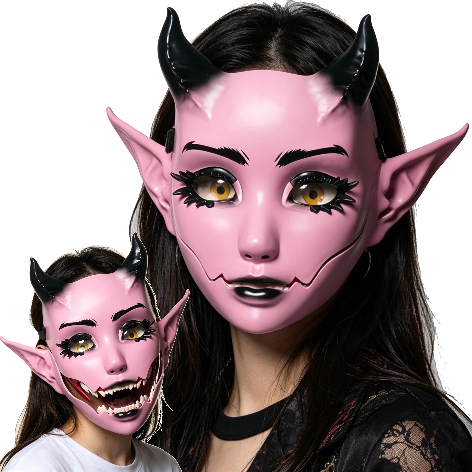 Halloween Pink Devil Mask Moving Jaw Demon Mask Costume Anime Horned Goblin Face Mask - MONV-Pink
