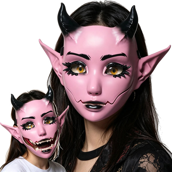 Halloween Pink Devil Mask Moving Jaw Demon Mask Costume Anime Horned