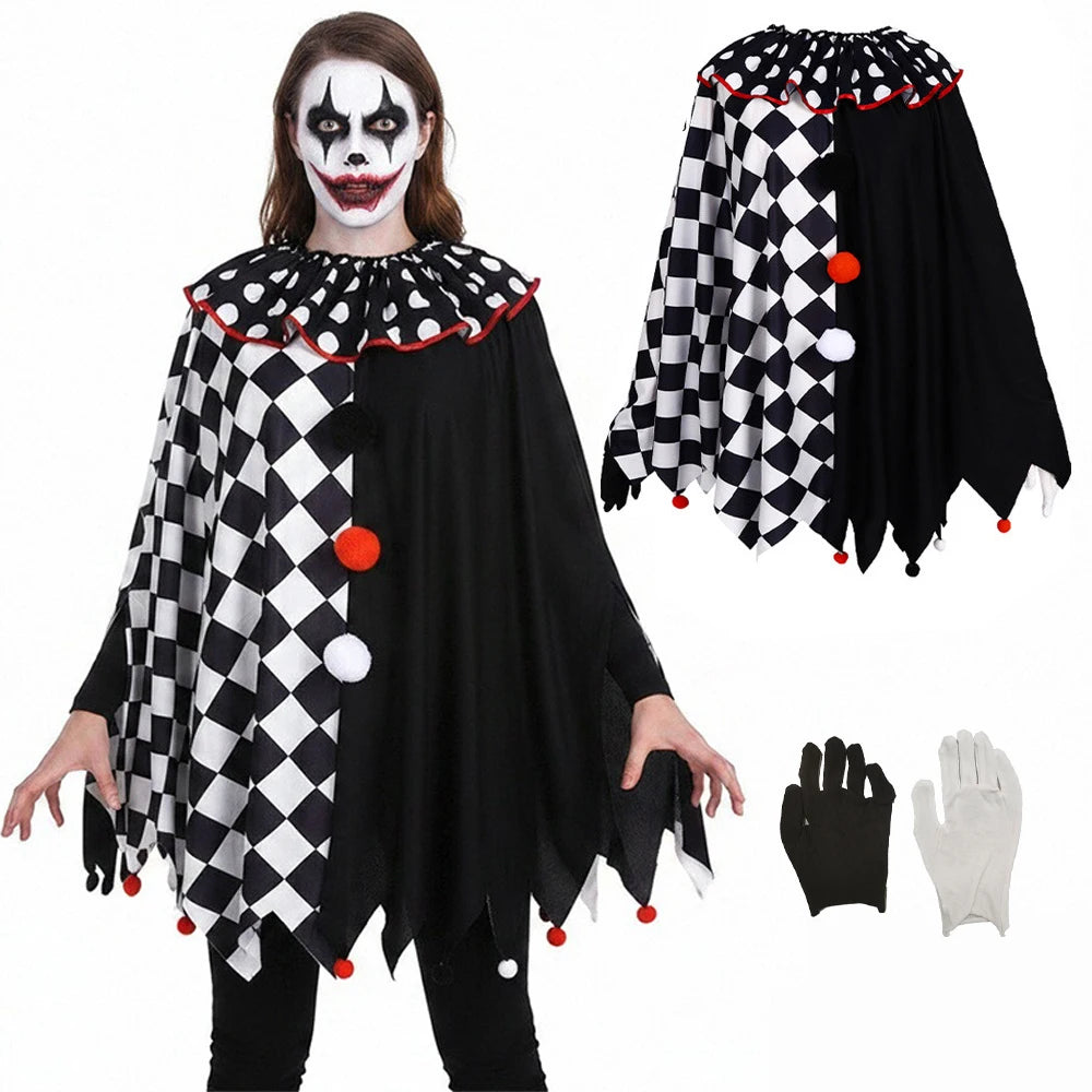 Adult Circus Clown Costume Cape Black and White Diamond-Pattern Patchwork Shawl Capes - 001 / One Size