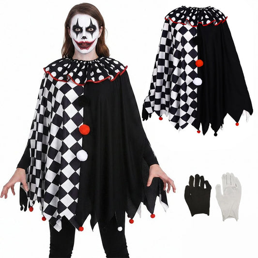 Adult Circus Clown Costume Cape Black and White Diamond-Pattern Patchwork Shawl Capes - 001 / One Size