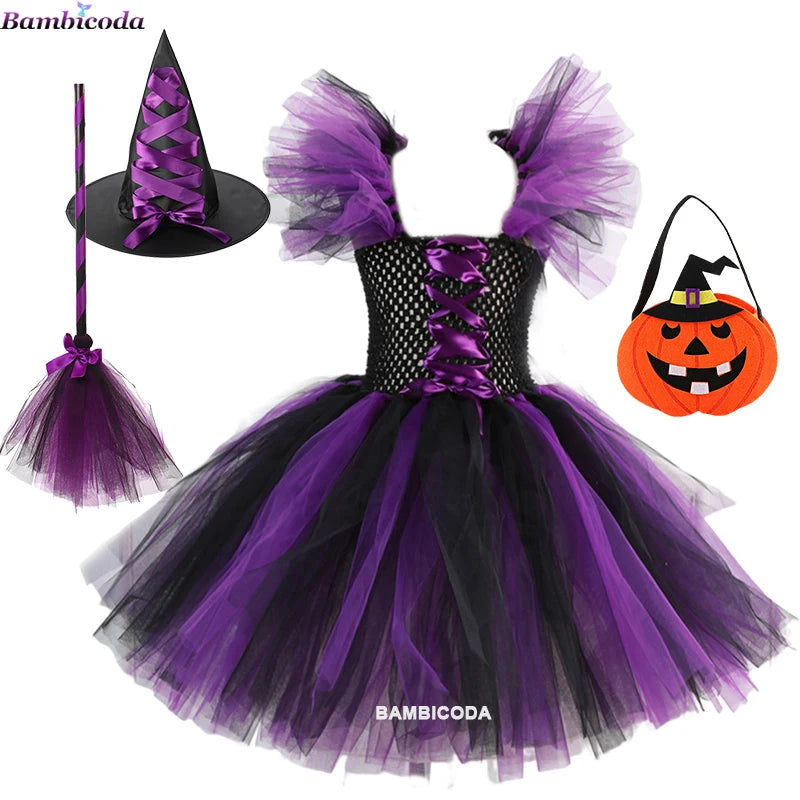 Kids' Witch Tutu Knee Hat Broom Pantyhose Costume - alternate view 10