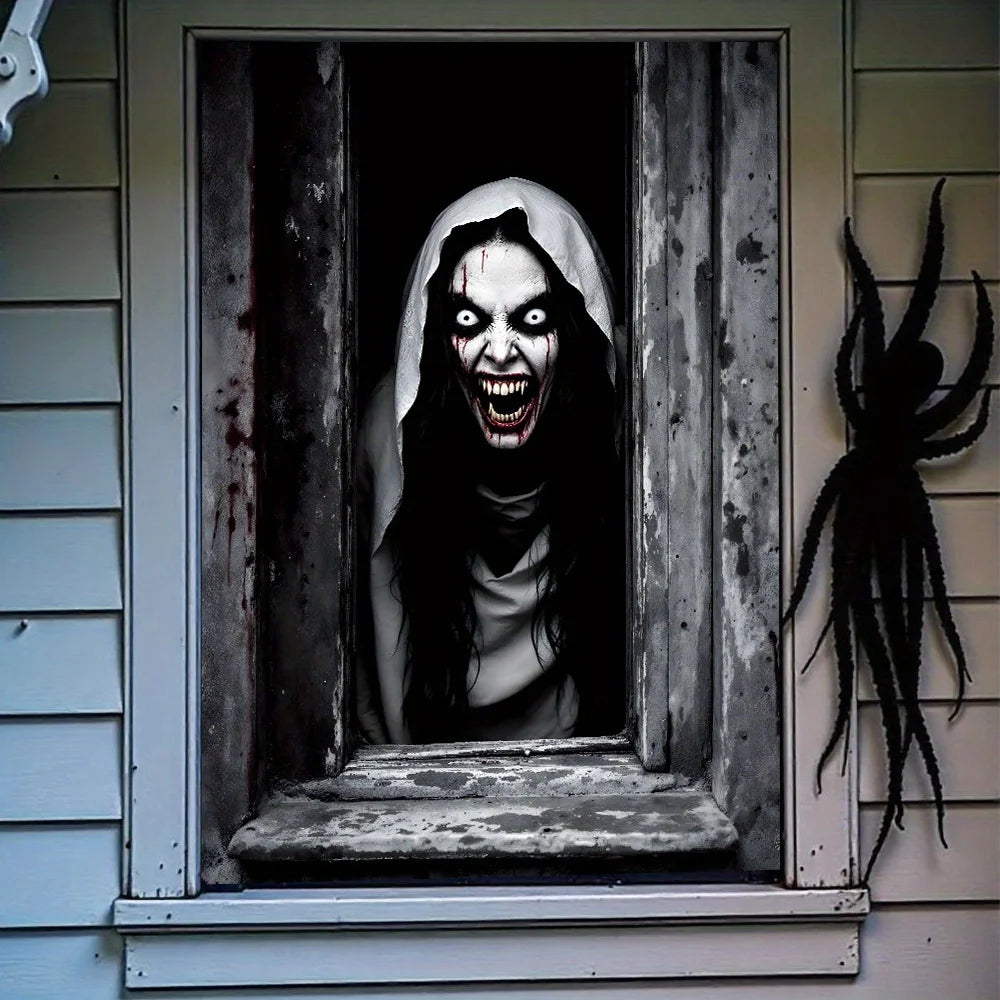 One Halloween curtain - featuring a terrifying design of a ghostly female - product image 4