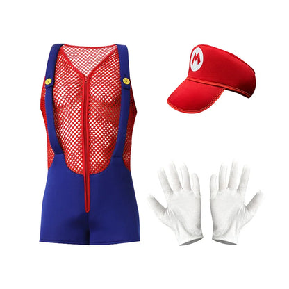 Adult Halloween Anime Cartoon Costume with Hat Sexy Men Red Blue Super Plumber Brother - View 6