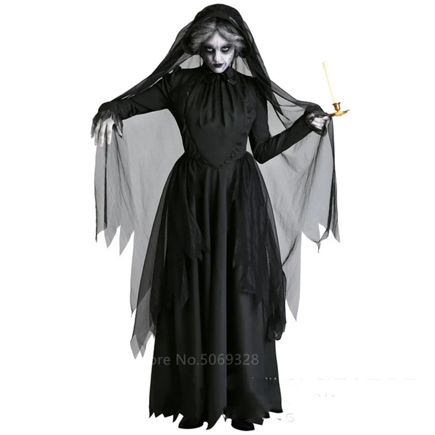 Witch Women Scary Zombie Vampire Halloween Costume Horror Spooky Ghost Sexy Dress+Colak Medieval Hooded Cape Day Of The Dead