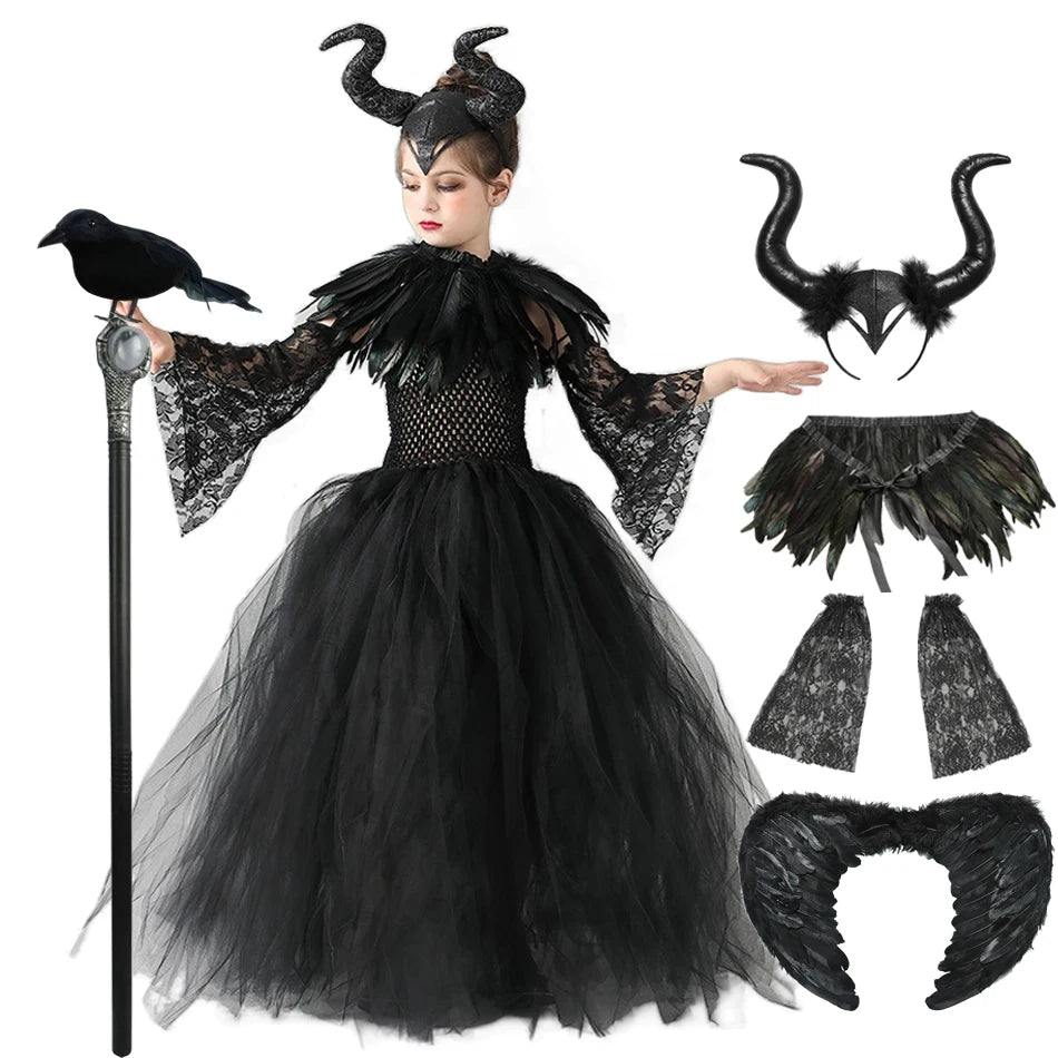 Halloween Maleficents Costume for Girls Evil Queen Dress Up Costumes Witch Devil Black Tulle Mesh Princess - product image 9
