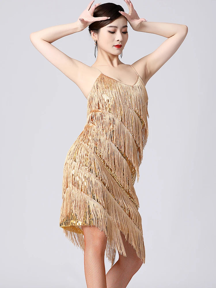 Women 1920s Vintage Great Gatsby Sequin Dress Sexy V-Neck Summer Cami Dress Gold