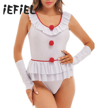 Women Clown Sexy Costume Halloween Costume Leotard Themed Roleplay Nightwear Sleeveless - White / XXL