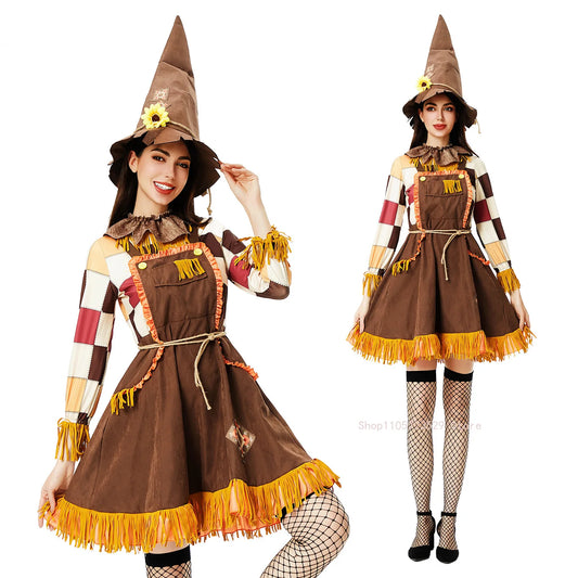 Halloween Women Wizard Scarecrow Clown Costume Stage Patchwork Pattern Costume Purim - 6310 / XL