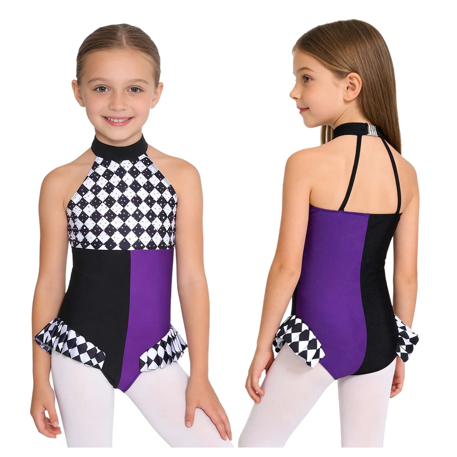 Kids Girls Circus Clown Mad Hat Costume Rhinestones Halter Sleeveless Plaid Jumpsuit - Purple A / 16