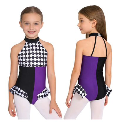 Kids Girls Circus Clown Mad Hat Costume Rhinestones Halter Sleeveless Plaid Jumpsuit - Purple A / 16