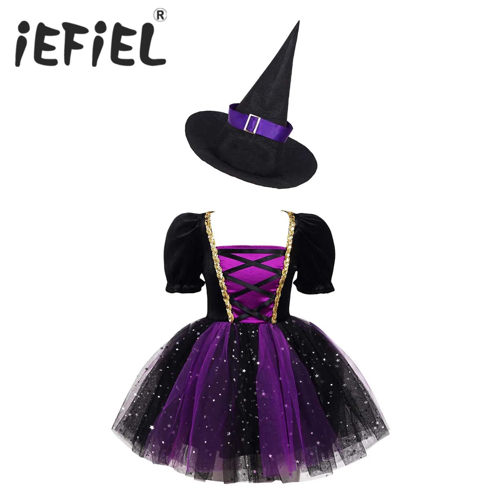 Kids Girls Witch Costume Halloween Cosplay Dress Glittery Mesh Tutu Dress with Pointed Hat for Dress Up - product image 1