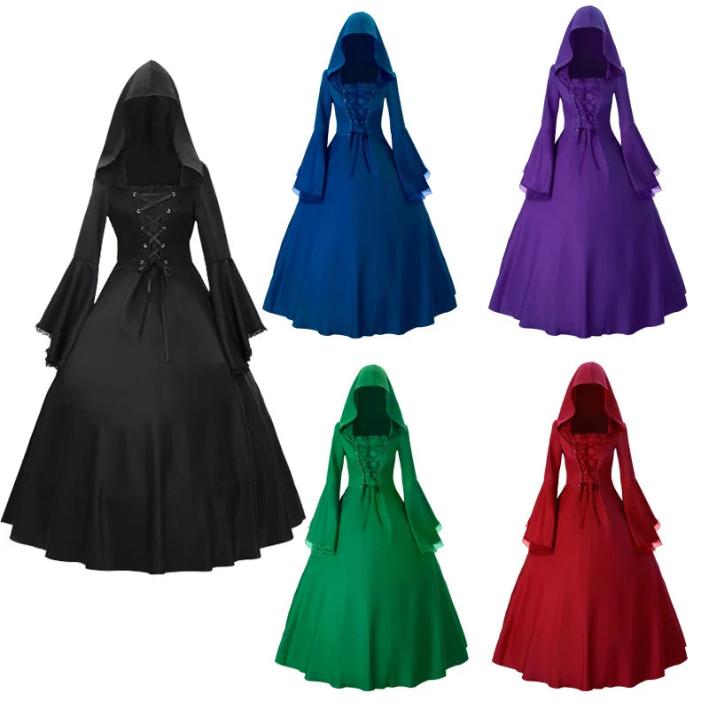 Halloween Costume Sleeve Bell Sleeve Dress Retro Renaissance Gothic Costume Medieval Dress - red / S