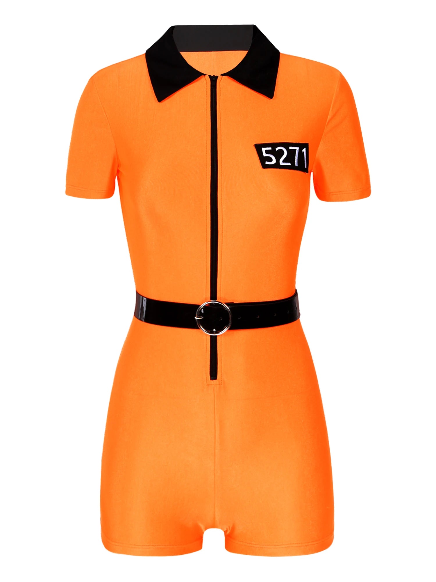 Womens Orange Jail Prisoner Costume Uniform Zipper Short Sleeve Jumpsuit with Belt