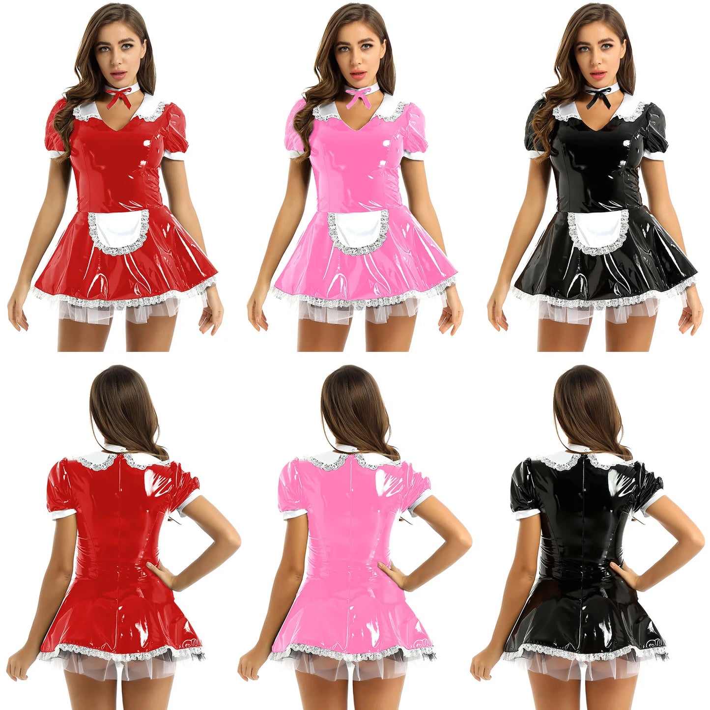 Women's Maid Short Sleeve Patent Leather Lace Tutu Clubwear Nightwear Costume - alternate view 6