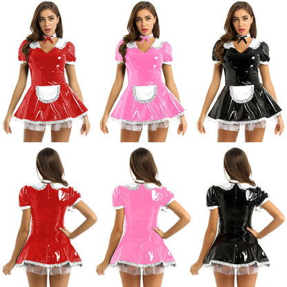 Women's Maid Short Sleeve Patent Leather Lace Tutu Clubwear Nightwear Costume - alternate view 6