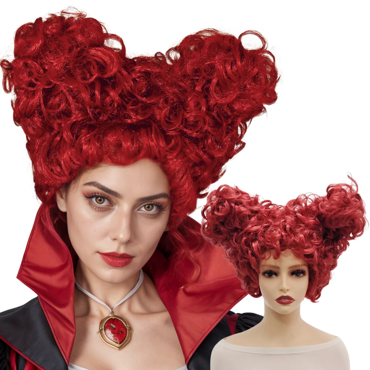 Red Queen-Inspired Curly Double-Bun Cosplay Wig - Red