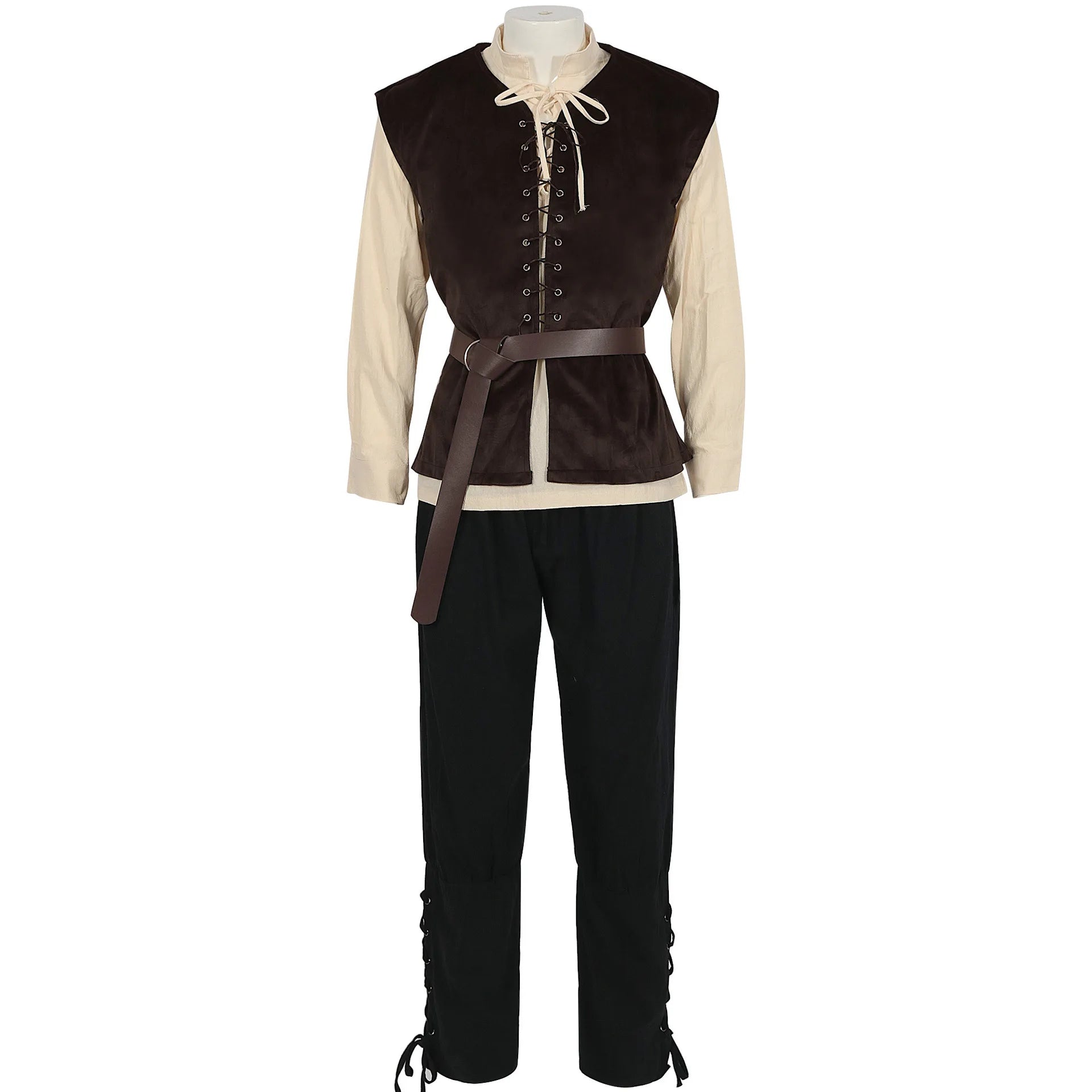 Men's Medieval Renaissance Vest Shirt Ankle Banded Pants Viking Halloween Costume - black green / L