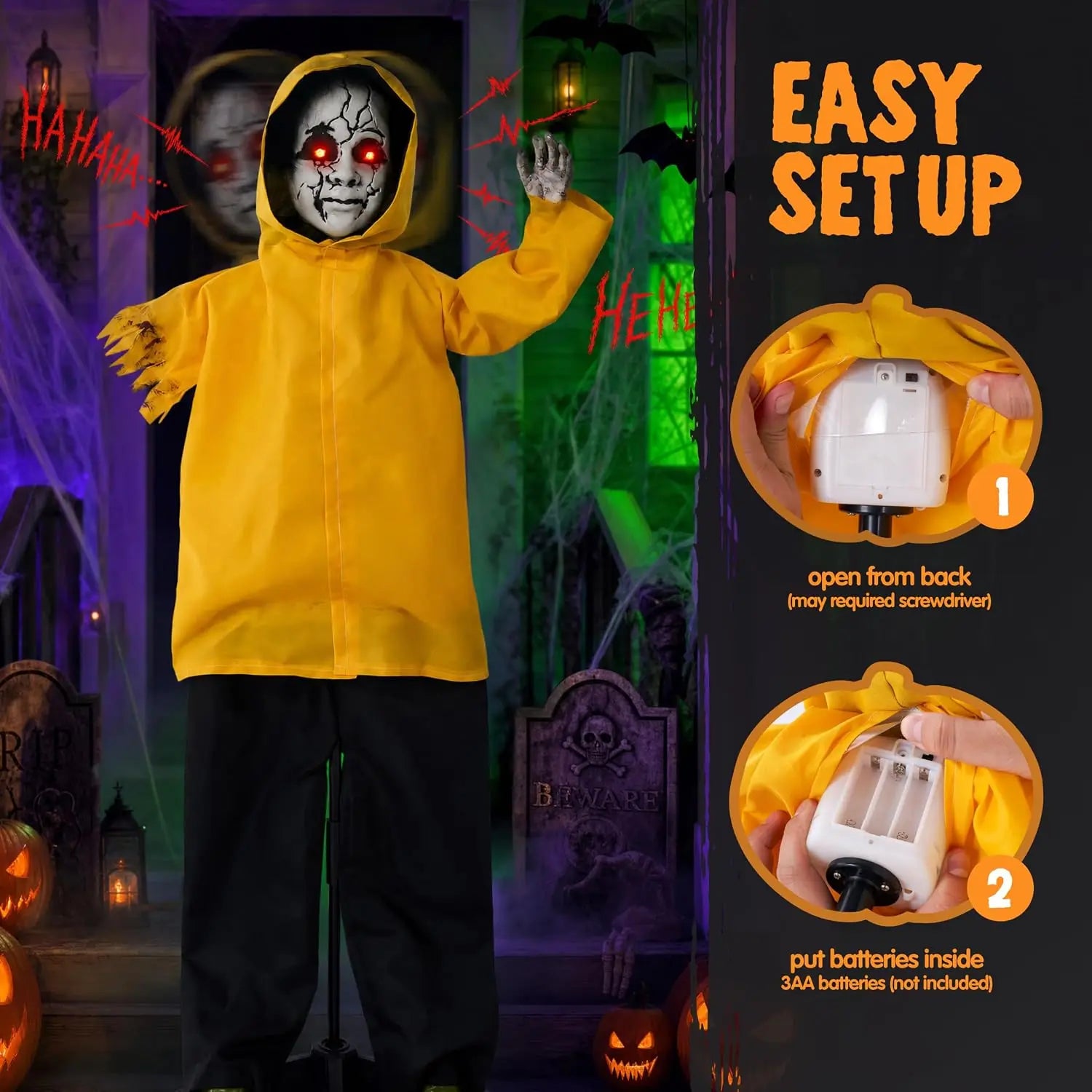 49" Life Size Halloween Animatronics Ghost Halloween Decorations Outdoor Ghost  Decor Sound Activated with Glowing Eyes, Scary Haunted House Props for Garden Yard Lawn