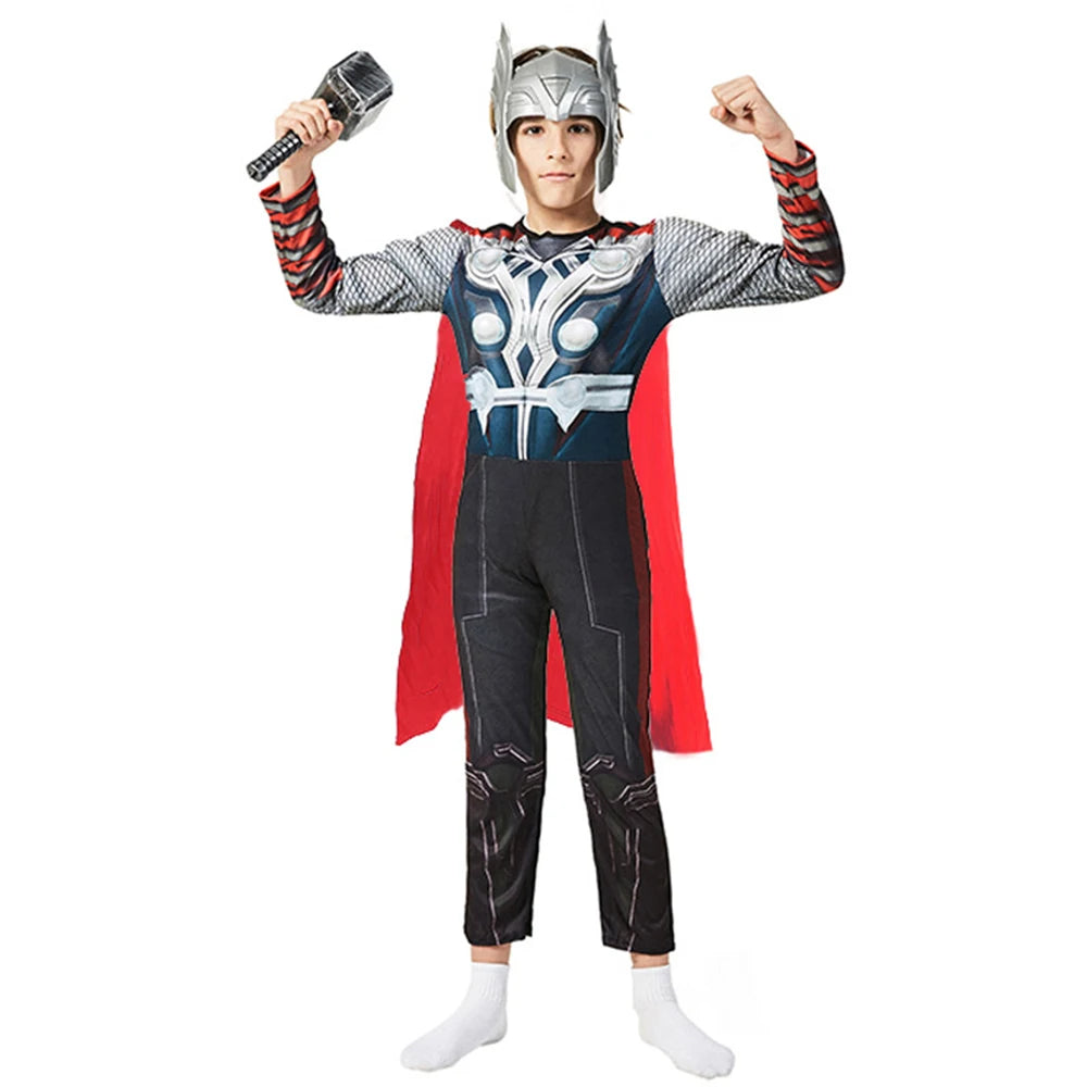 SuperHero Kids Thor Costume Kids Muscle Cosplay Costume Harmmer Halloween Up Jumpsuit - one suit / M