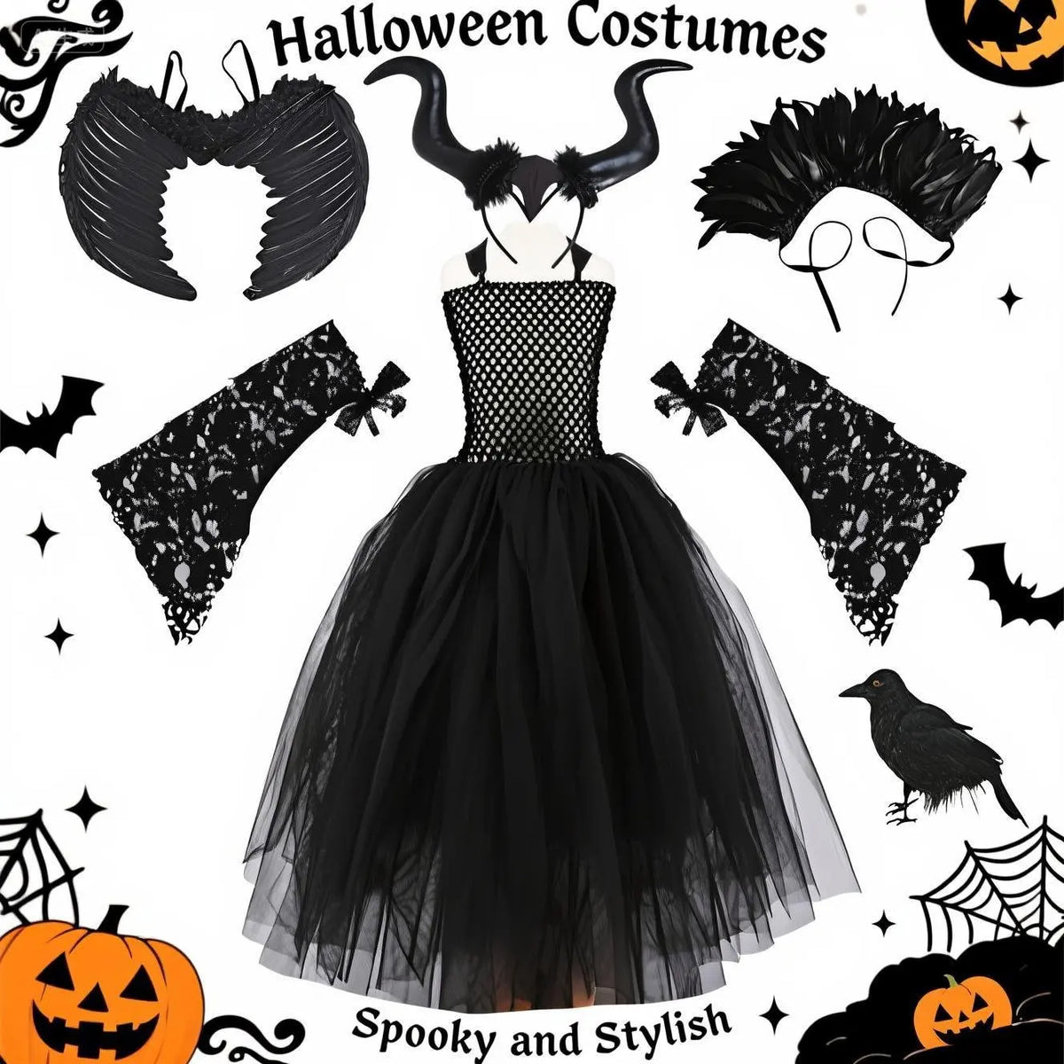 Kids' Princess Birthday Dark Black Evil Queen Mesh Wings Halloween