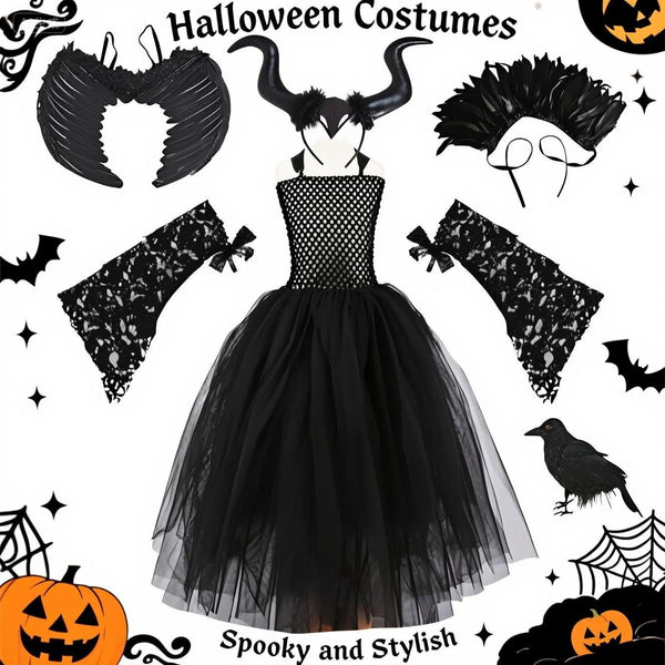 Kids' Princess Birthday Dark Black Evil Queen Mesh Wings Costume