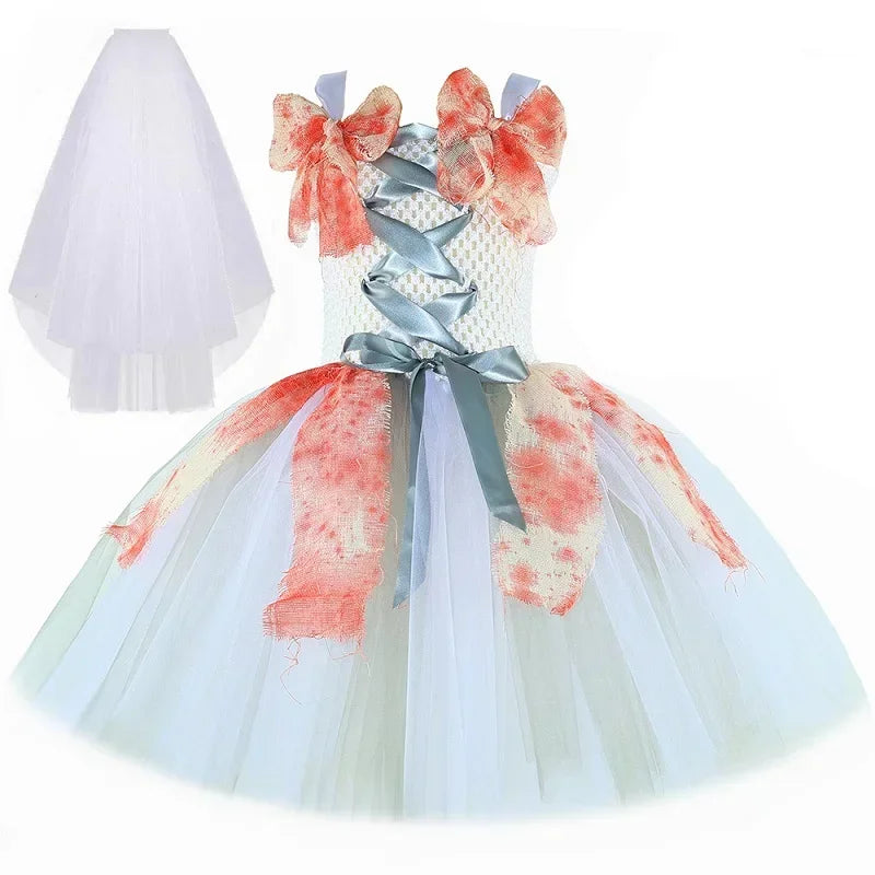 Gothic Zombie Bride Costume Kids Carnival Party Role Play Dress Up Bloody Ghost Dead - product image 9
