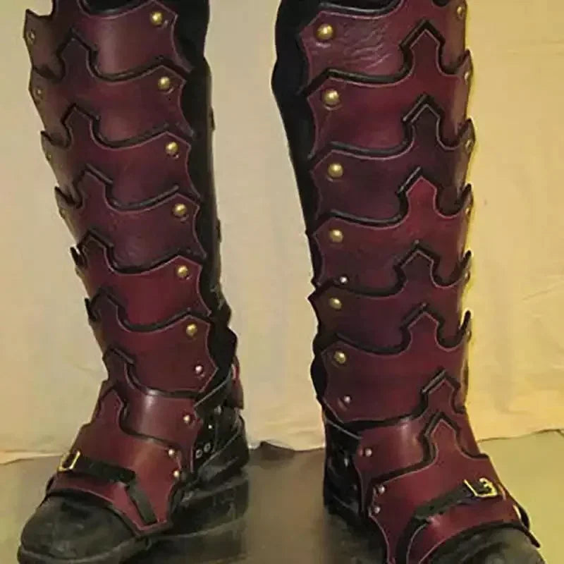 Medieval Armor Larp PU Leather Leg Gothic Gaiter Viking Knight Costume Rider Shoe Boot - Red / One Size