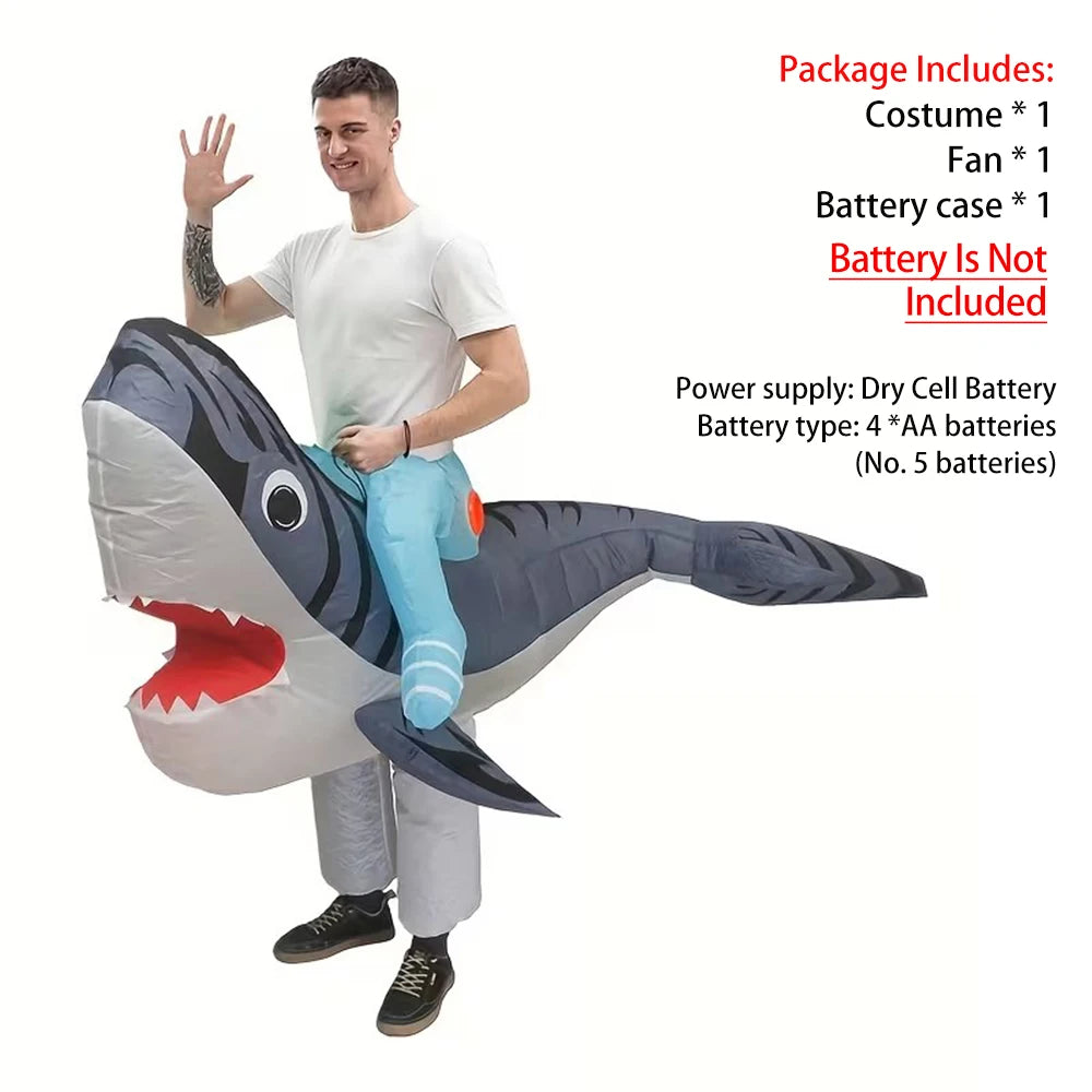 Inflatable Ride of Shark Costume for Adult Blow Up Green Riding A Shark Cosplay Costume Funny Halloween Party Carnival Suit
