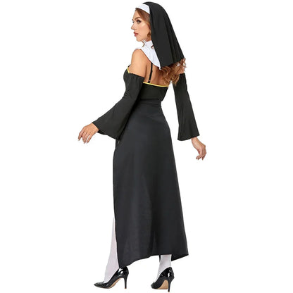 2026 Women Church Religious Sister Bad Habit Sexy Nun Costume  Adult Halloween Party Cosplay Uniform Fancy Black Dress