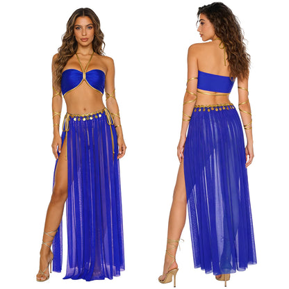 Women Halloween Cleopatra Ancient Egyptian Queen Sun Goddesses Cosplay Costume Crop Top with Skirt Belly Indian Dance Outfit