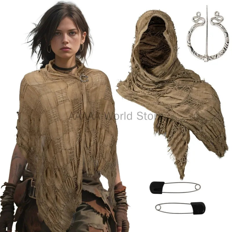 Medieval Halloween Cloak Renaissance Costume Cape Wrap Dune Wasteland Hooded Shawl with - army green / One Size