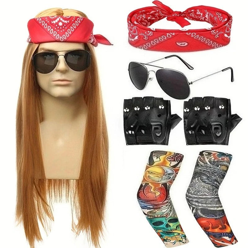 Hot 70s 80s Rocker Costume Heavy Metal Wig Men Women Hippie Wig With Bandana Sunglasses Punk Gloves Tattoo - product image 2