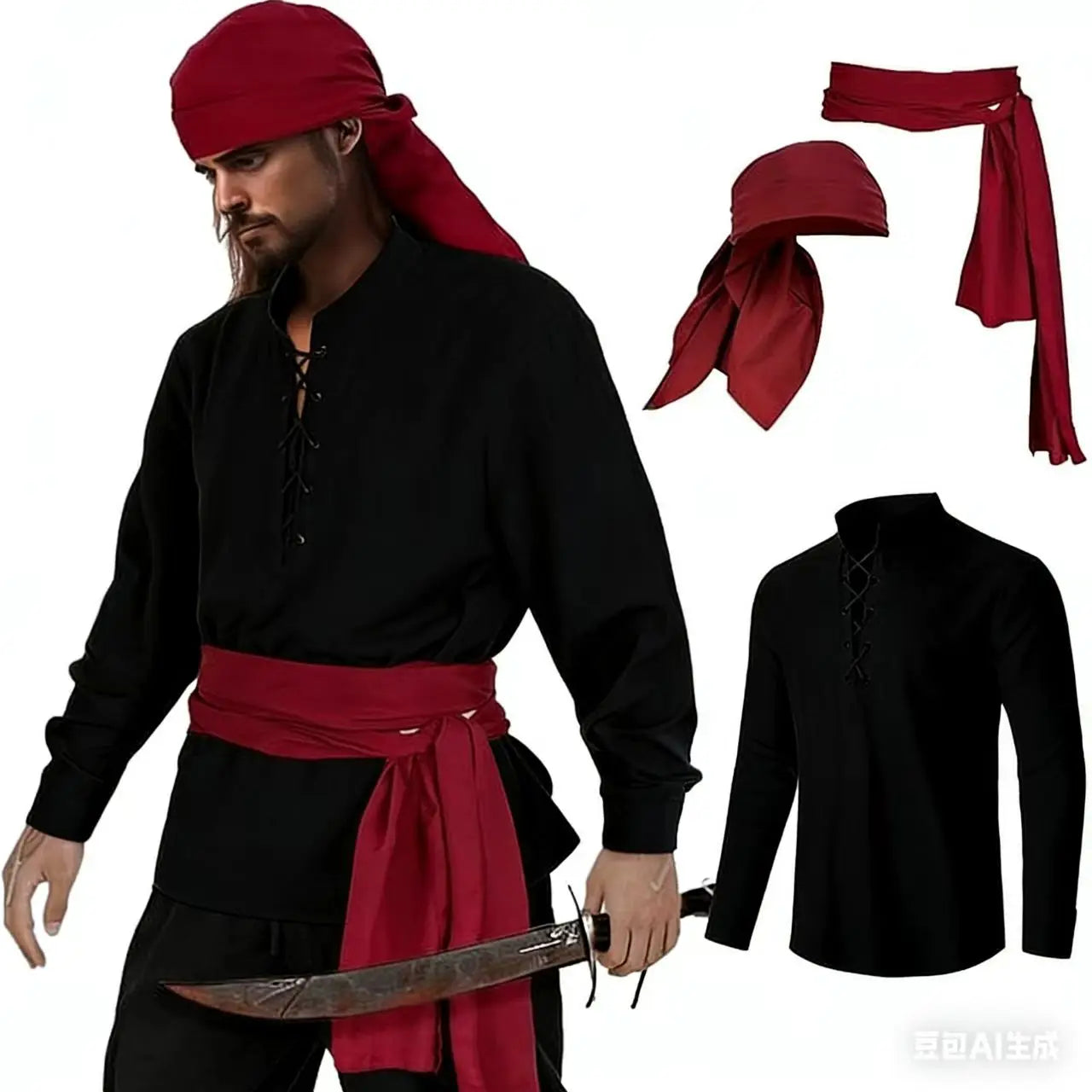 Mens Pirate 3 Pcs Costume Set Renaissance Pirate Shirt Medieval Costume Viking