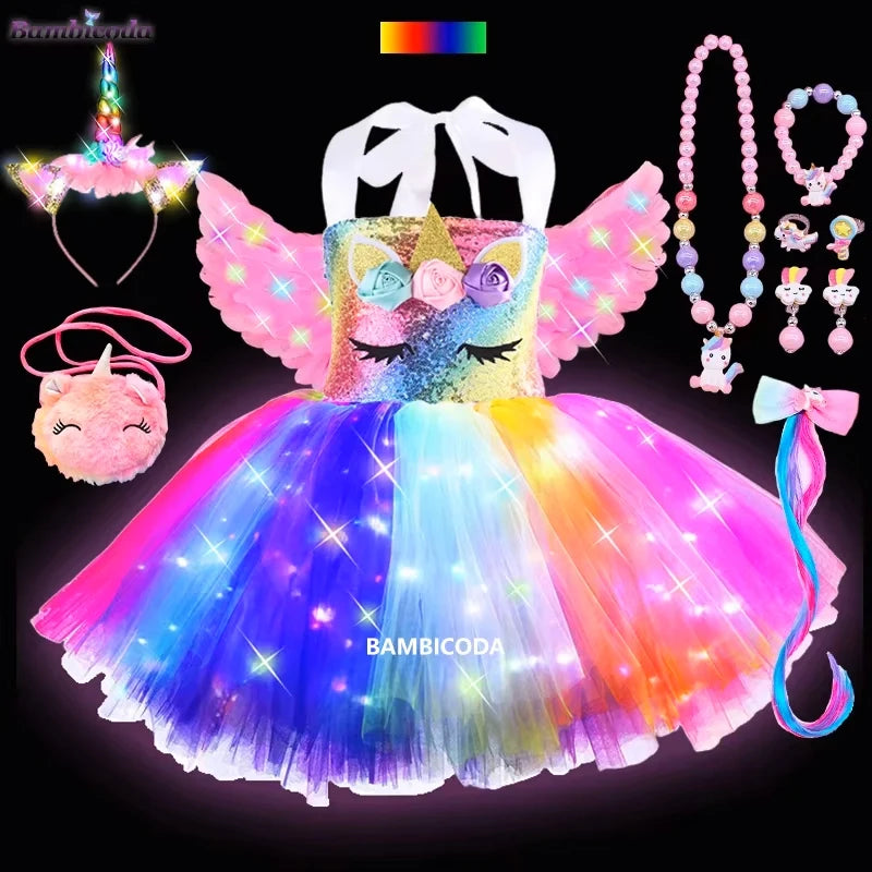 Girls Shiny Unicorn Tutu Led Lighting Dress Glowing Dresses Princess Dress Clothing