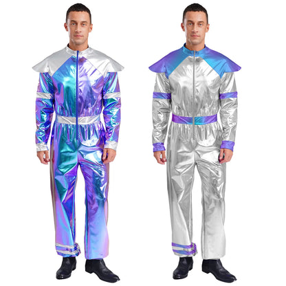 Men's Outer Space Alien Costume Halloween Robot Costume Jumpsuit Sleeves Deluxe Shiny - Blue / M