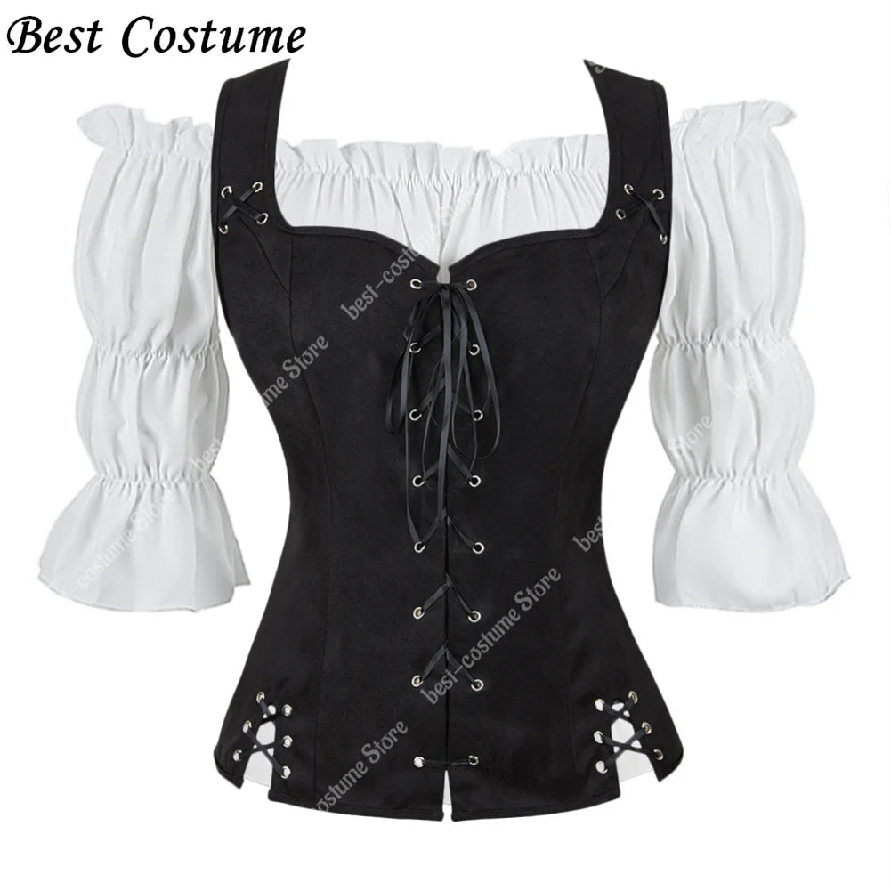 Pirate Costume Women Medieval Vest Costume Plus Size Medieval Blouse Tops 2 Pieces