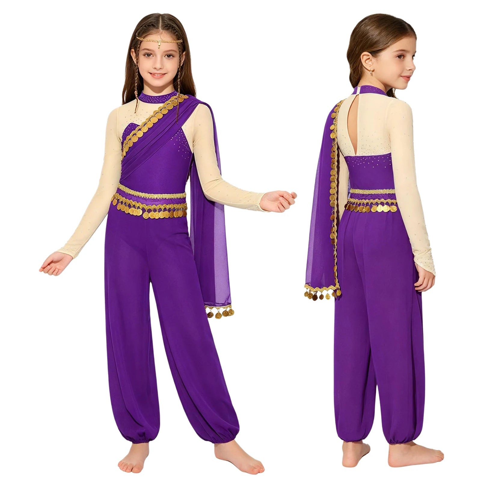 Girls Arabian Princess Belly Dance Outfits Halloween Cosplay Costume Sequins Tassels Rhinestone Jumpsuit Long - product image
