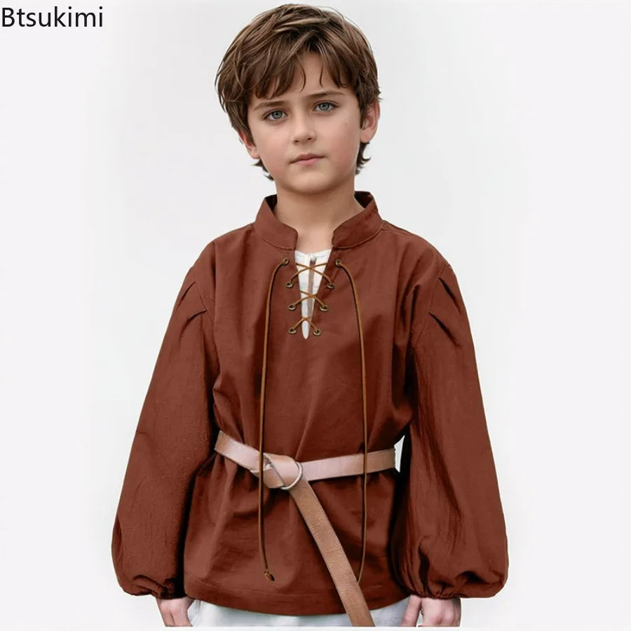 Boys Medieval Pirate Shirt Kids Renaissance Lace up Scottish Jacobite Ghillie