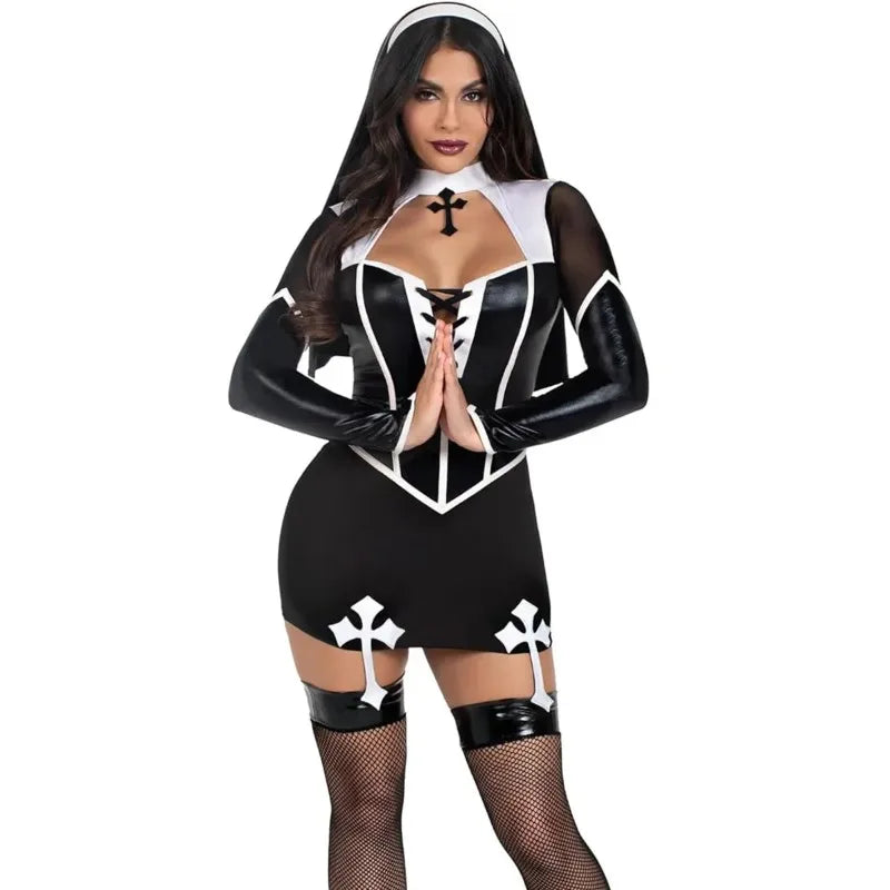 Women's Women's Women Halloween Nun Costume Sexy Black Pu Leather Hollow Nun - product image 3