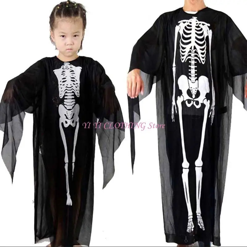 Halloween Skull Skeleton Costume Scary Ghost Robe with Front Bone Print for Kids Adult - View 4
