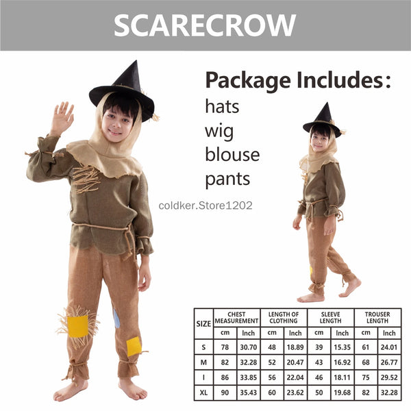 Kid Boys Girls Scarecrow Costume Halloween Purim Child Wizard Scarecrow Costume Outfit - Beige / XL