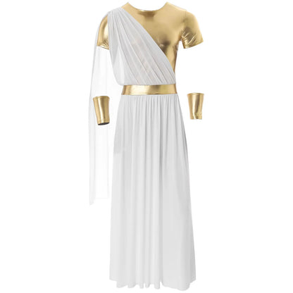 Men's Halloween Ancient Greek God Toga Costumes Roman Emperor Robe Short Sleeve Metallic - Black A / XXL